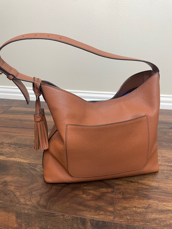 Tory Burch Thea Cognac Pebbled Leather Hobo Shoulder Bag with Tassel - Picture 2 of 10